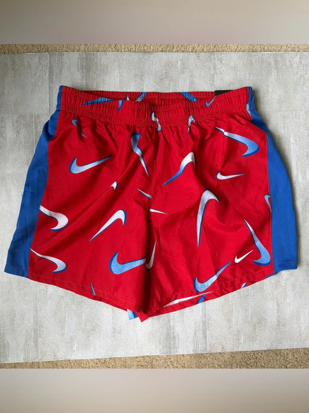 Girls’ Nike Athletic Shorts with Red, Blue & White Swoosh Print NWT with SNAG XL
